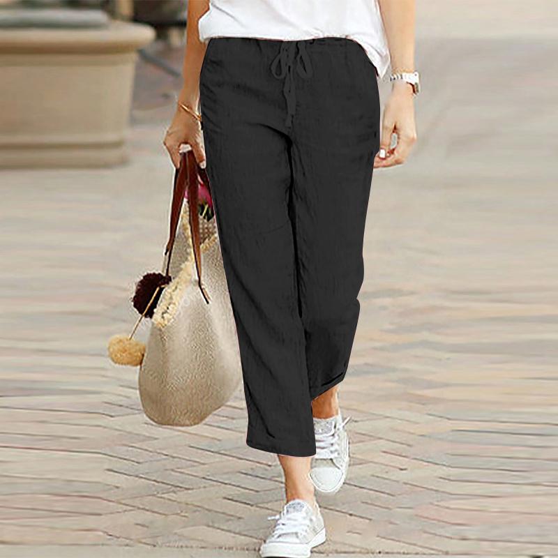 ZANZEA Женские повседневные брюки с эластичной резинкой на талии и шнурком, однотонные
