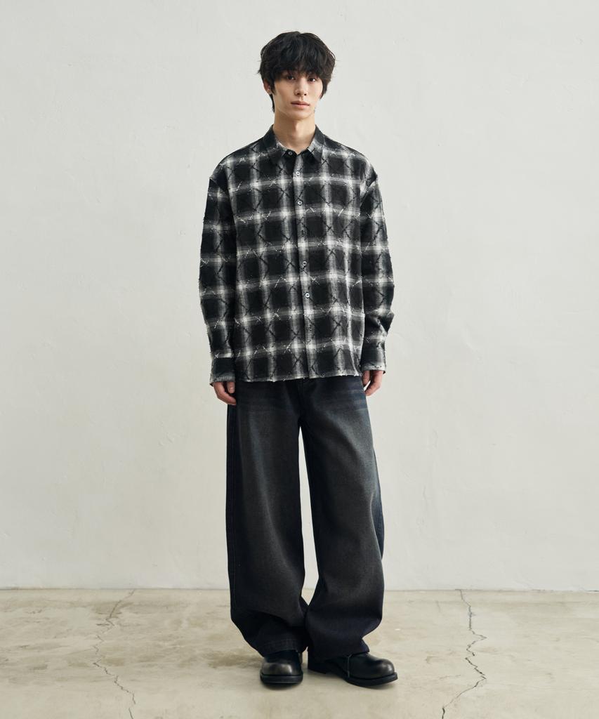 ROTEMBER Argyle Damaged Check Shirt [Black]