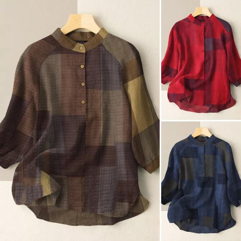 Модная летняя женская клетчатая блузка, винтажные рубашки больших размеров, весенние топы с рукавами 3/4, повседневная свободная блуза на пуговицах Femme
