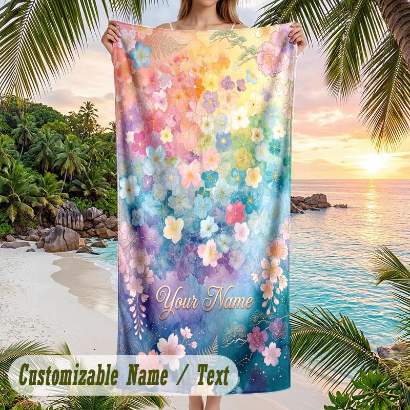 Floral Fantasy 1 Theme Quick Dry Beach Towel Custom Name Text Print Large Sand Resistant Towel Beach Vacation