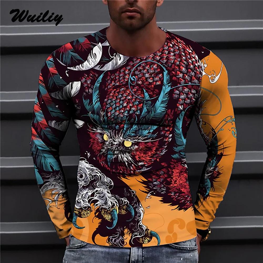 Мужская футболка с драконом, повседневная футболка с 3D принтом и длинным рукавом, волшебное животное, графический топ, футболки с уличным узором, мужские/женские футболки в стиле хип-хоп