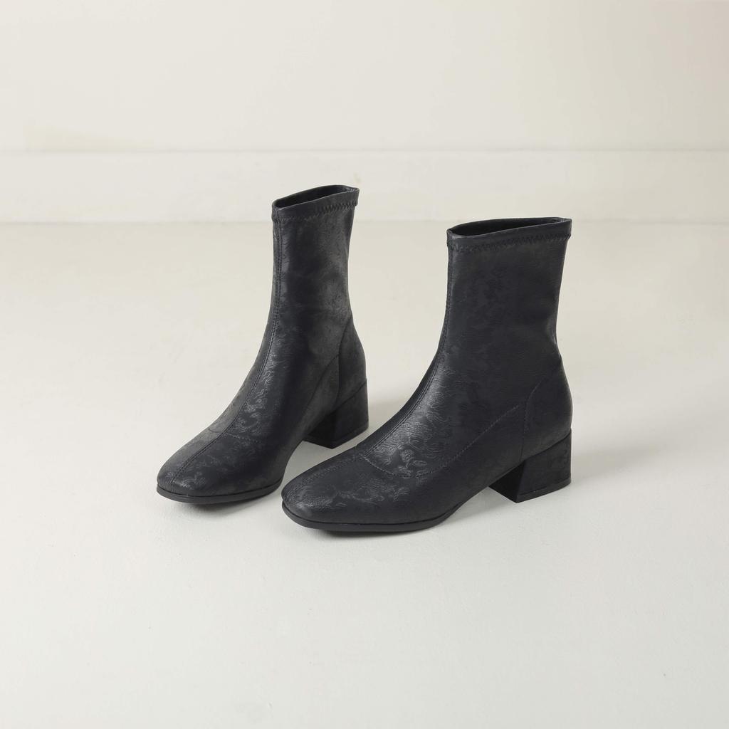 lenkisen PU Autumn Winter Shoes Thick Med Heels Printing Oriental Design Chelsea Boots Keep Warm Fashion Ankle Boots