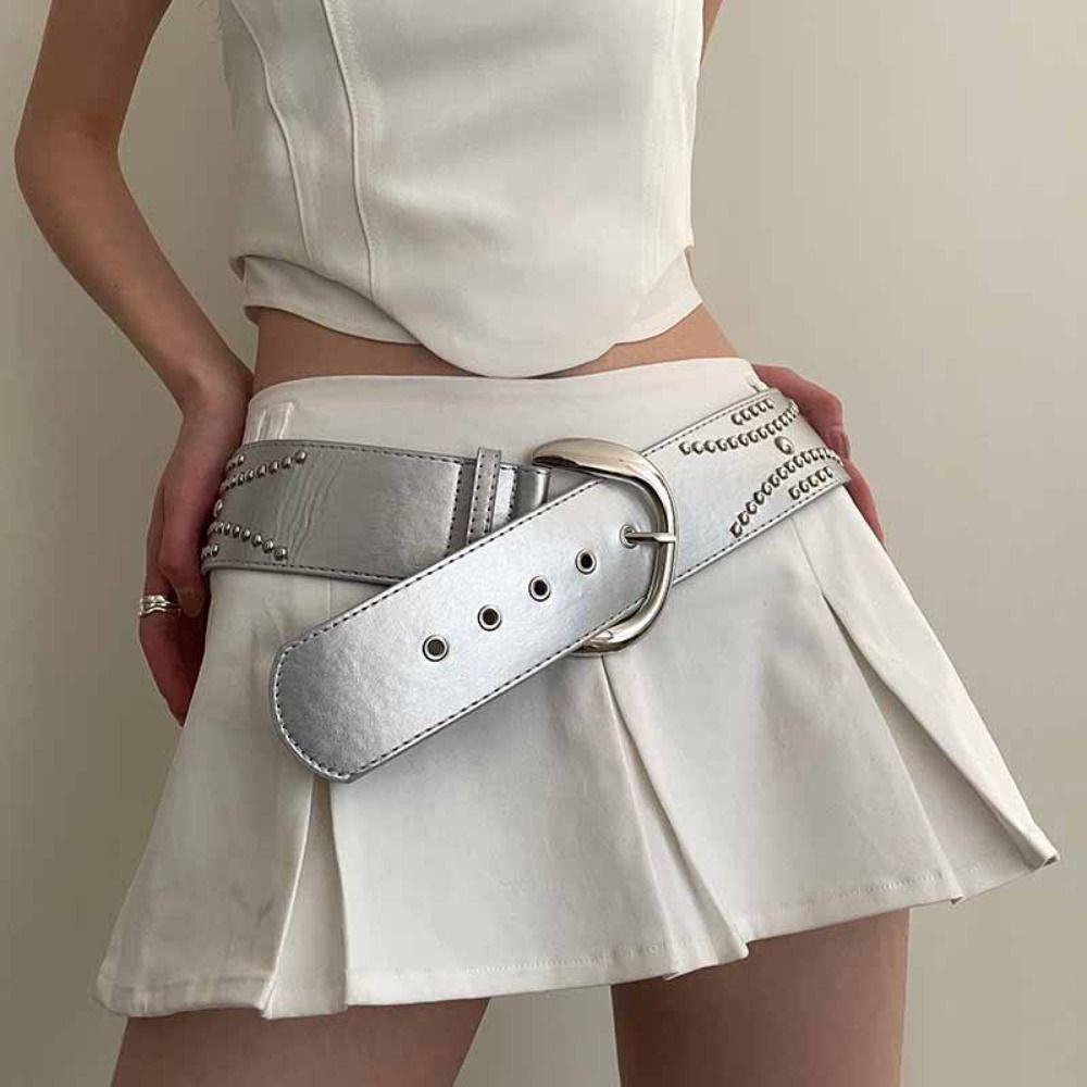 Поясной ремень с серебряными заклепками Y2K из искусственной кожи, повседневные джинсы с широким ремнем