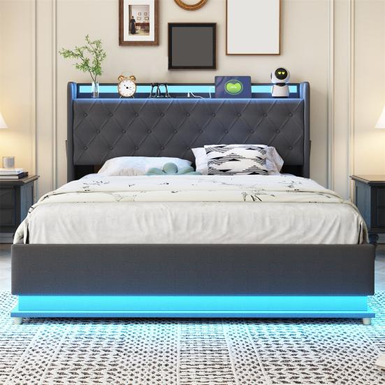 Adult Bed LED Upholstered 140x200cm with USB Charging Connection Double And Hydraulic Storage Skin-Friendly Linen Fabric Gray Children