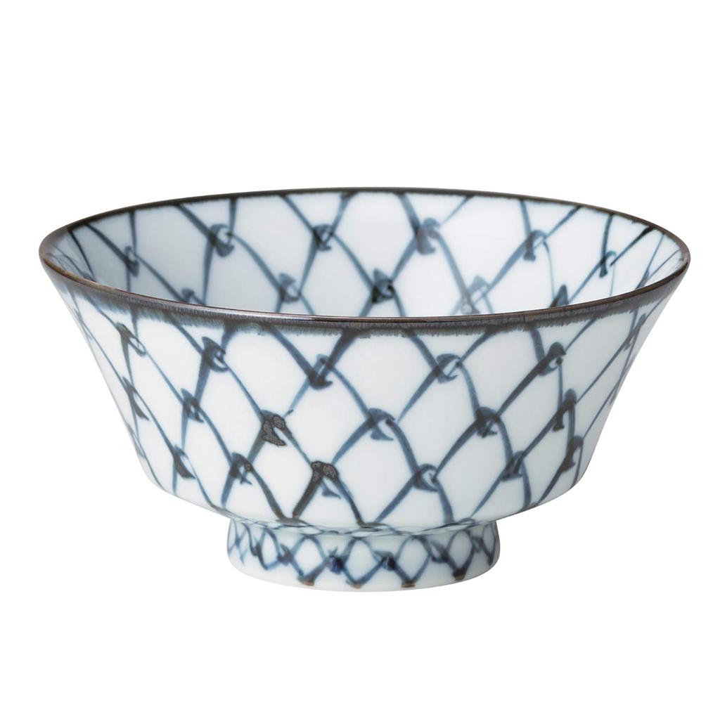 Nishikai Pottery Rice Bowl, Blue and White, Medium, Hasami Ware, Suehiro Bowl, Hanging Net Pattern, 18160