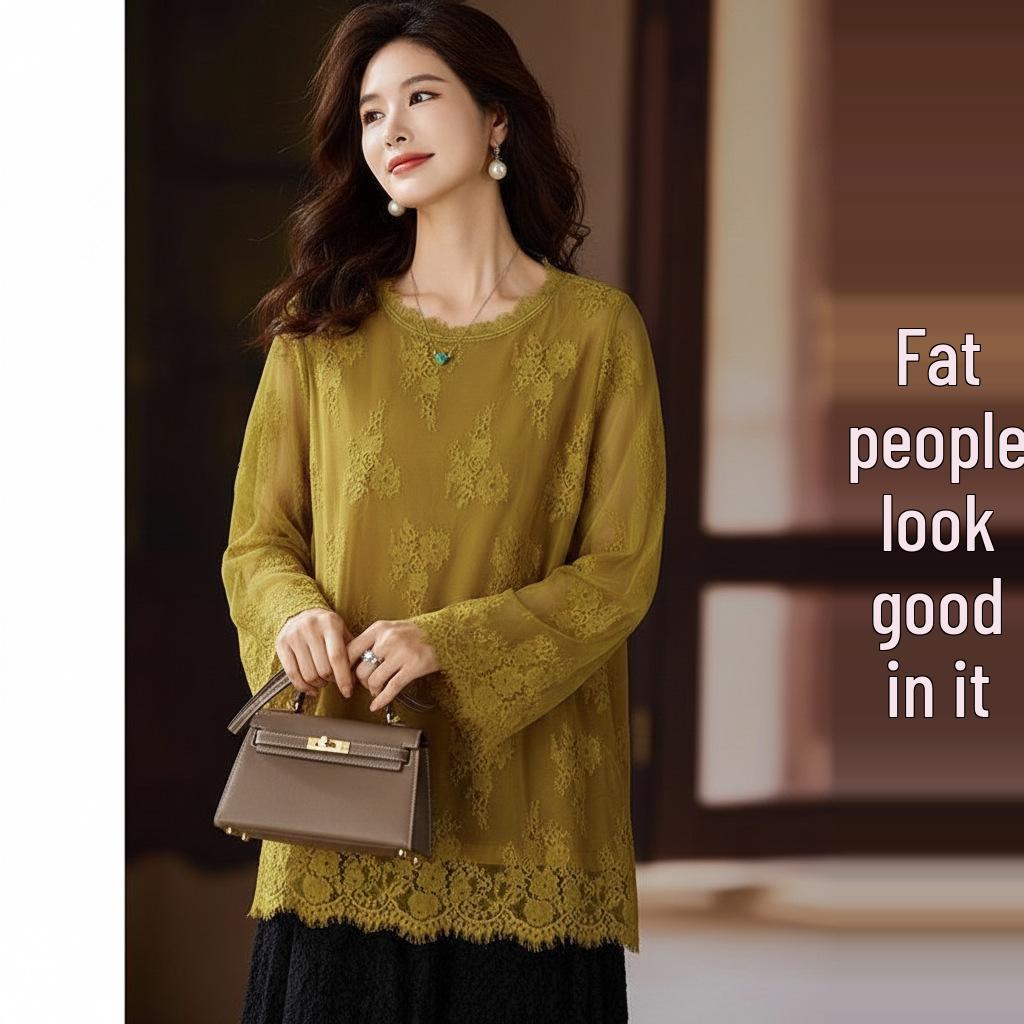 Стильный женский кружевной полый свободный топ-накидка большого размера, осень 2025