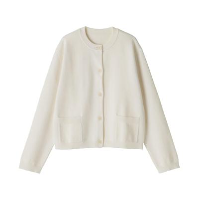 Женский кардиган вязаный машинной вязкой с круглым вырезом, MUJI, цвет молочный, размер S (BA1Q4A5S)