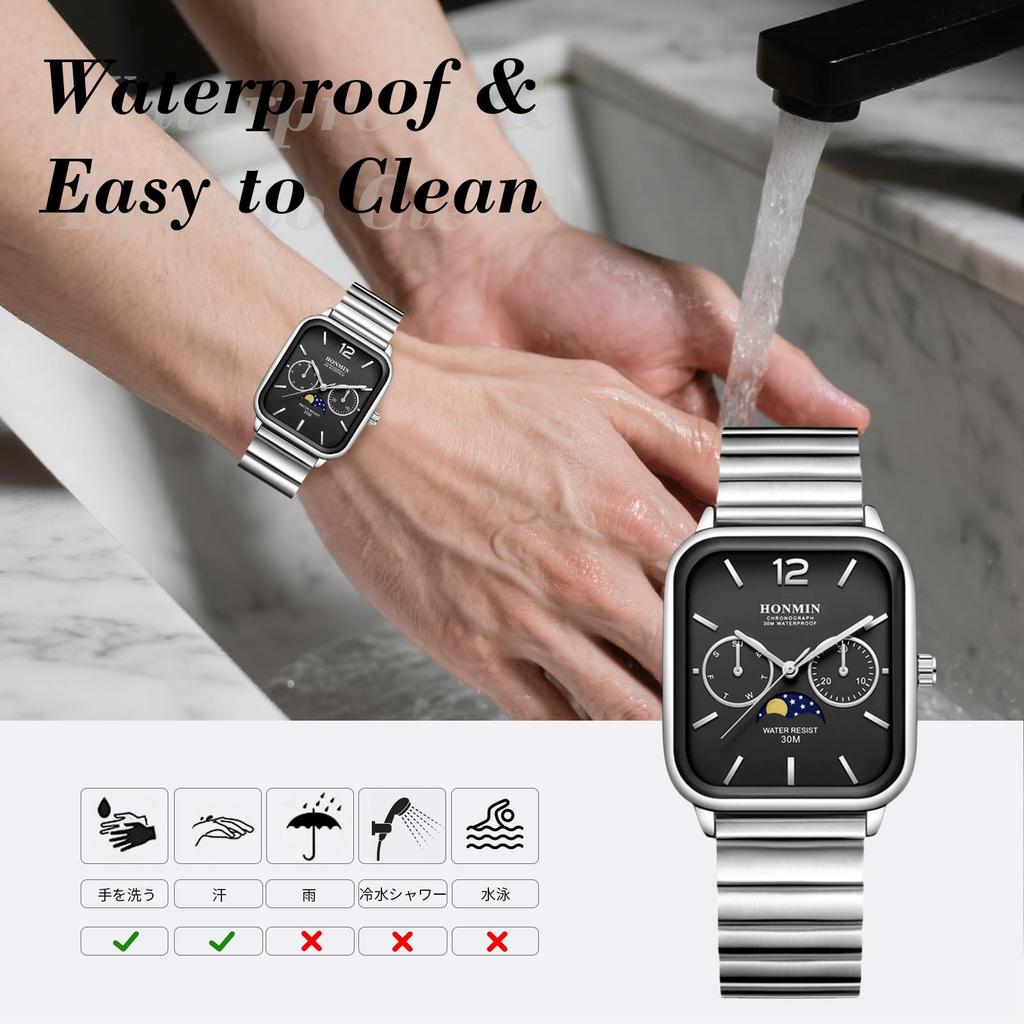 RORIOS Мужские квадратные аналоговые часы с индикацией Солнца, Луны и Звезд, индикацией даты и дня недели, водонепроницаемые, многофункциональные часы с браслетом из нержавеющей стали,