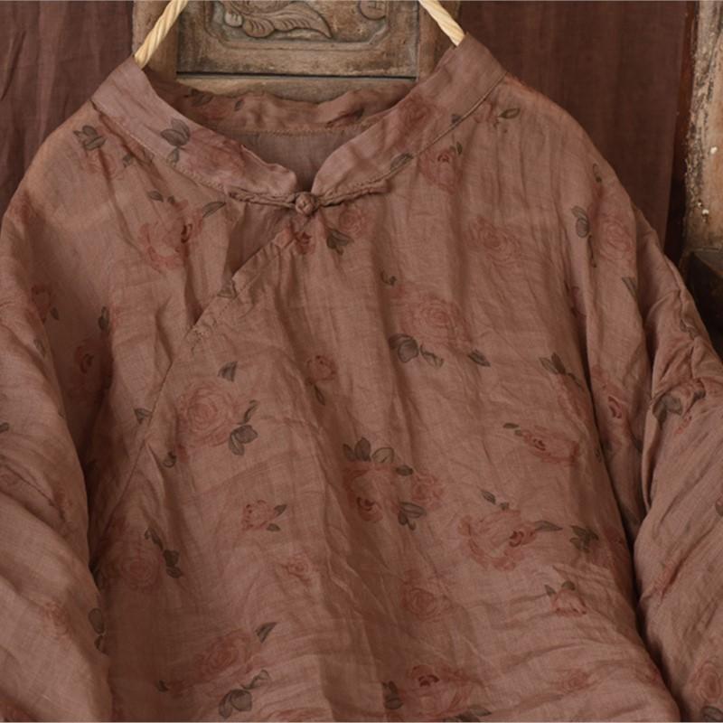 Johnature Женские рубашки рами с цветочным принтом и стойкой, топы в китайском стиле с длинными рукавами, весенняя винтажная женская одежда высокого качества