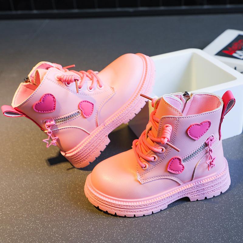 2024 New Pink Sweet Girls Short Boots Zipper PU Kids Fashion Causal Shoes Autumn Winter Versatile Soft Princess Black Child Shoe