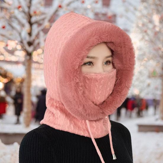 Женская зимняя шапка со встроенным шарфом, толстая теплая вязаная шапка из искусственного меха, ветрозащитная, высокоэластичная, полная защита, для путешествий на открытом воздухе в холодную погоду
