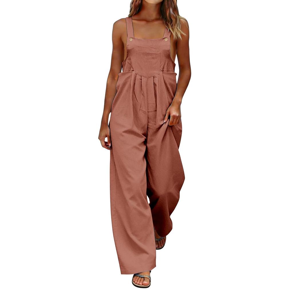 Women's Fashionable Color Sleeveless Casual Wide Leg Loose Jumpsuit With Pocket