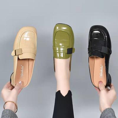 Баотоу шлепанцы 2025 весна-лето европейский и американский стиль круглый носок низкий каблук крутые шлепанцы тисненая коровья лаковая кожа квадратная пряжка