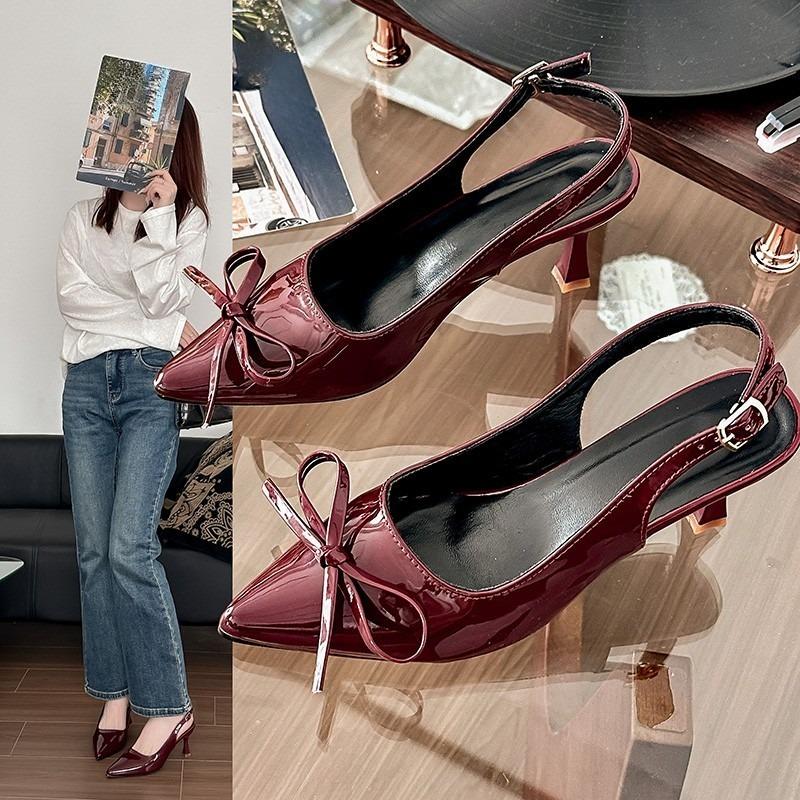 Модные сандалии с закрытым носком из лакированной кожи, женские, весна-лето, новинка, с бантом, на одном ремешке, нескользящие, с острым носком, на высоком каблуке
