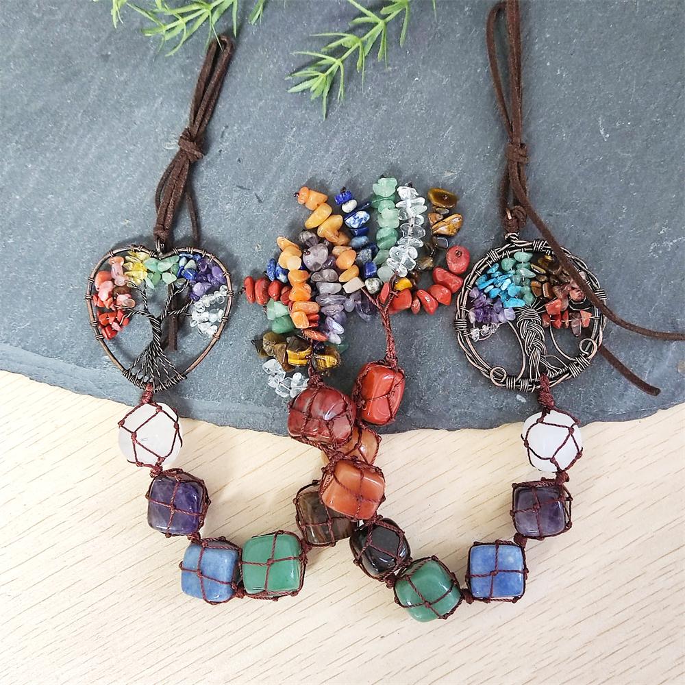 Hand Woven Healing Natural Stone 7 Chakra Energy Car Rearview Mirror Decor Ornament Gems Chip Tassel Tree of Life Car Hanging