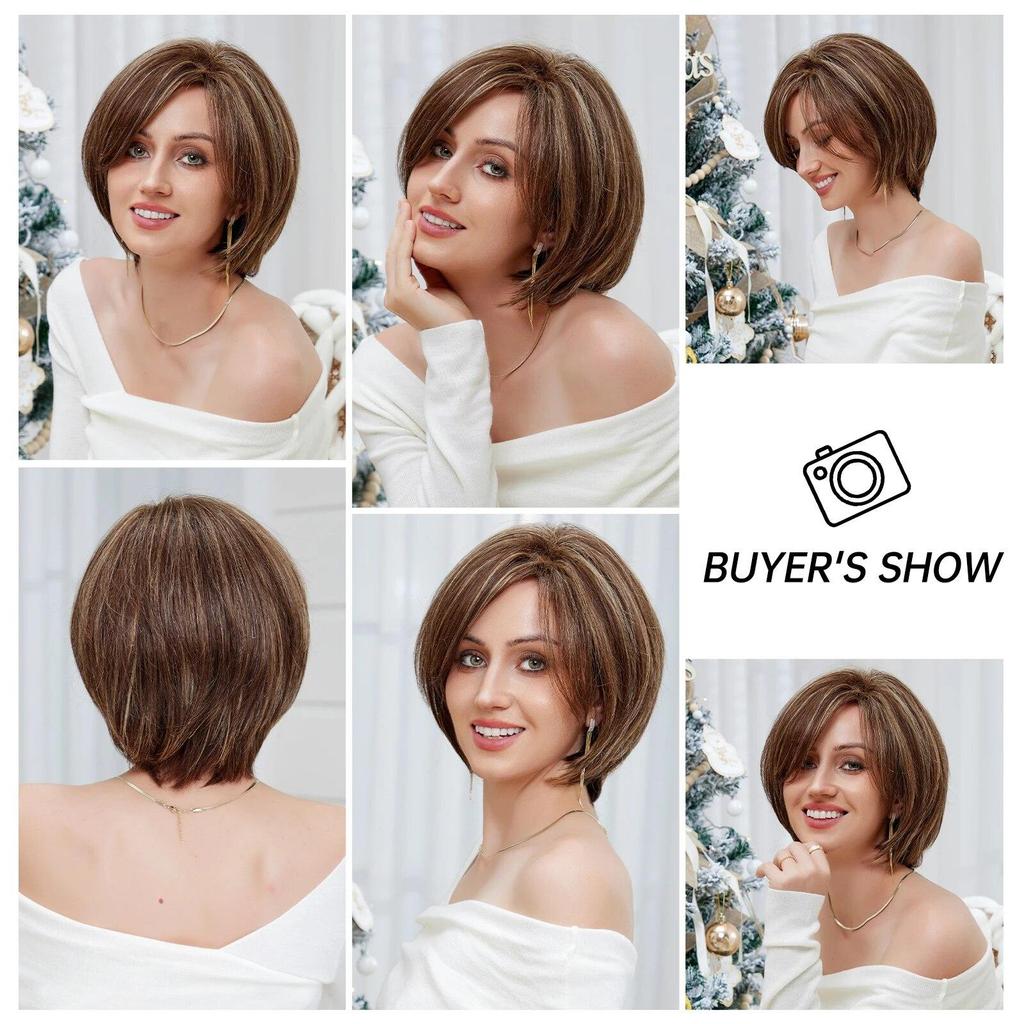 Короткие коричневые смешанные светлые парики из натуральных волос, прямые парики Боба с челкой, человеческие волосы, термостойкие для женщин