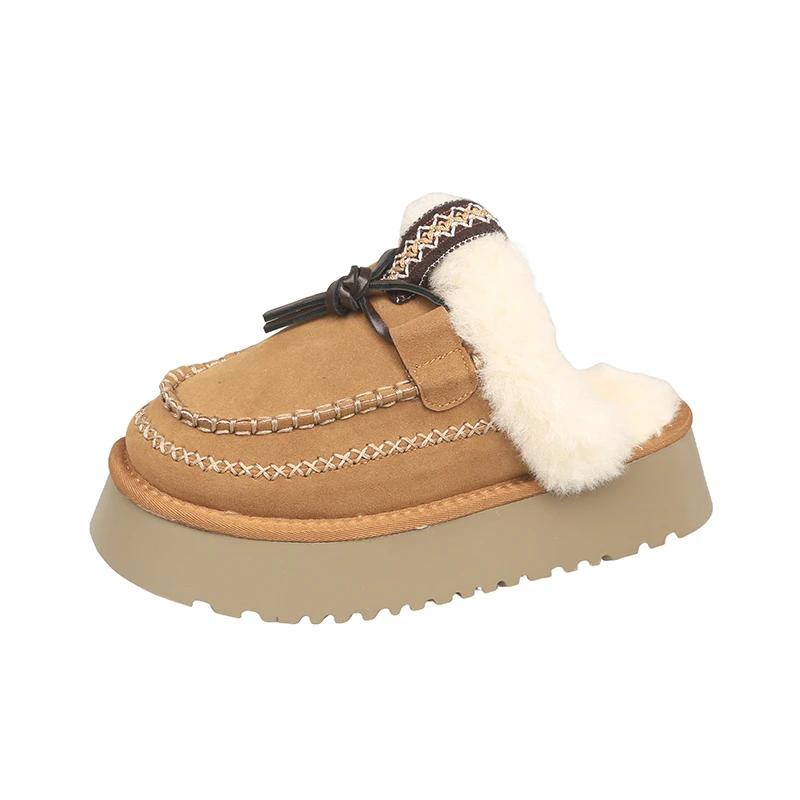 Fashion Women's Fashion Baotou Slippers Winter New Round Head Suede Deep Mouth Thick Sole Anti-slip Wear-resistant Flat Shoes