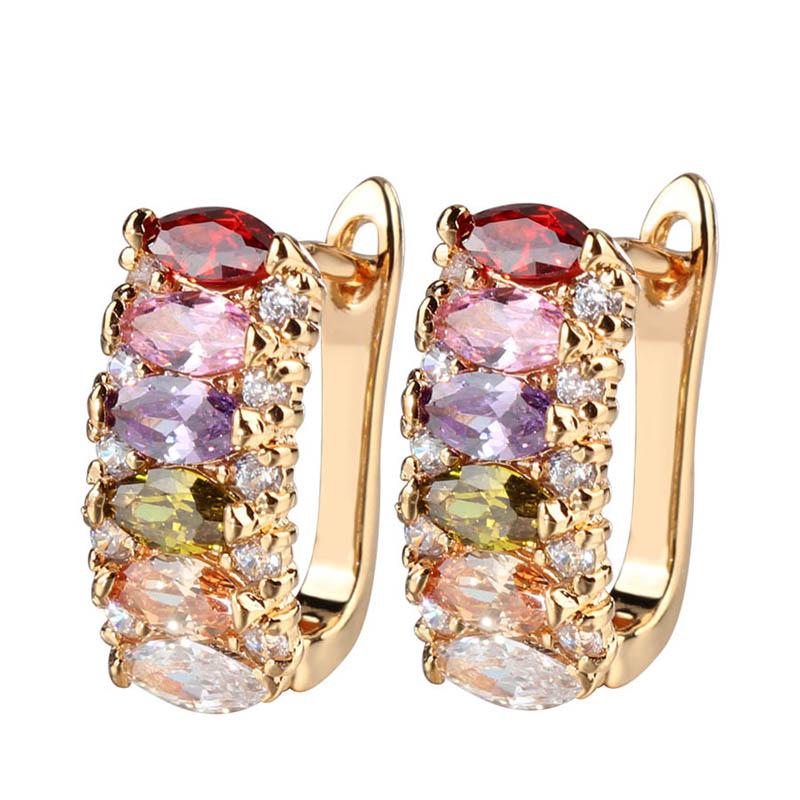 Full Inlay Geometric Zircon Multi Color Gold Plated Earrings Women Luxury Jewelry