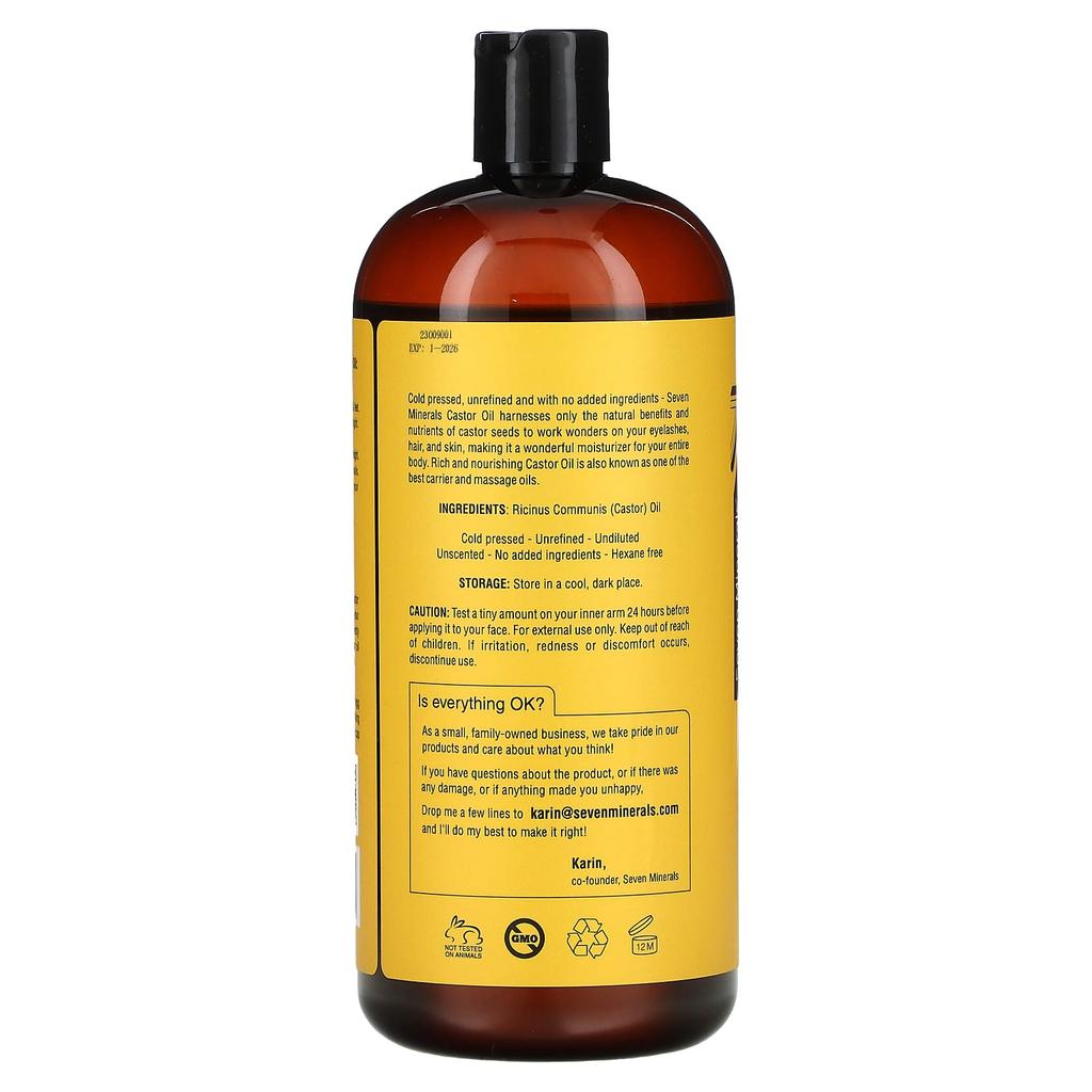 Seven Minerals Pure Castor Oil, Cold Pressed and Unrefined, Unscented, 32 Fl Oz (950 Ml)