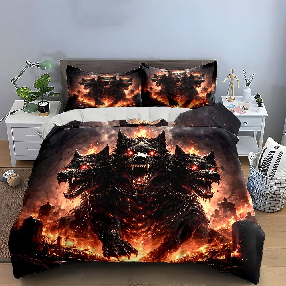 Fiery Three-Headed Cerberus Bedding Duvet Cover Set Duvet Cover Pillowcases (1*Duvet Cover 2*Pillowcases, without duvet insert)