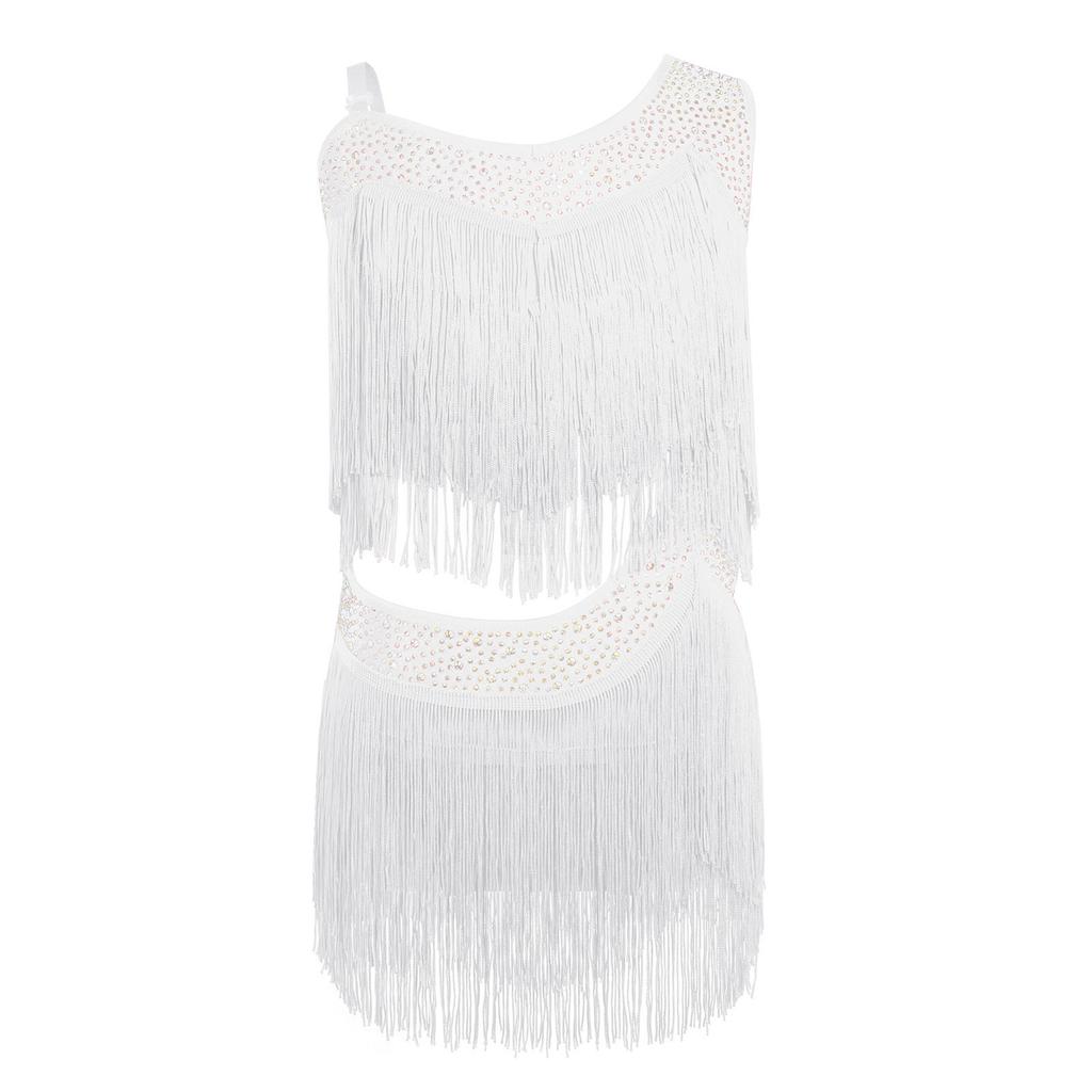 Girls Tassel Latin Dance Dress Asymmetrical Fringe Shiny Rhinestones Cutout Stage Performance Costume