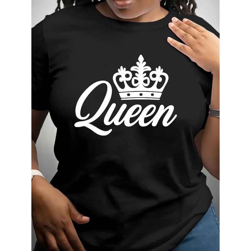 Повседневный женский пуловер с коротким рукавом с принтом короны и словом 'Queen', идеально подходит для весенне-летнего гардероба, универсальный топ