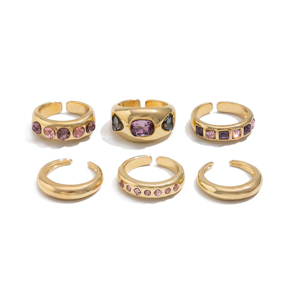 Salircon Exquisite 6Pcs/set Inlaid Purple zircon Adjustable Opening Ring Women Smooth Gold Color Ring Female Daily Jewelry Gift