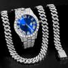 Hip Hop Iced Out Cuban Necklace Watch For Men AAA 2 Row Prong Cuban Chain Necklace+Watch+Bracelet Set Punk Rapper Jewelry Gifts