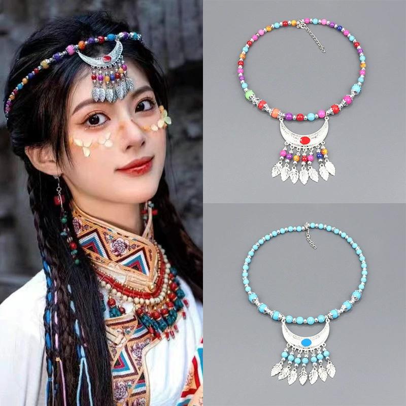 1 шт. Длинная цепочка Этнический стиль Украшения для волос Головные уборы Лоб Танцы Для женщин Лист Кисточка Ожерелье Богемия Головной убор