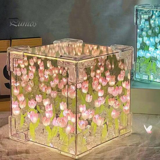 Handmade DIY Tulips Cube Mirror Lamp Soft Glow Easy To Install Romantic Tulips Flower Night Light Desktop Decoration
