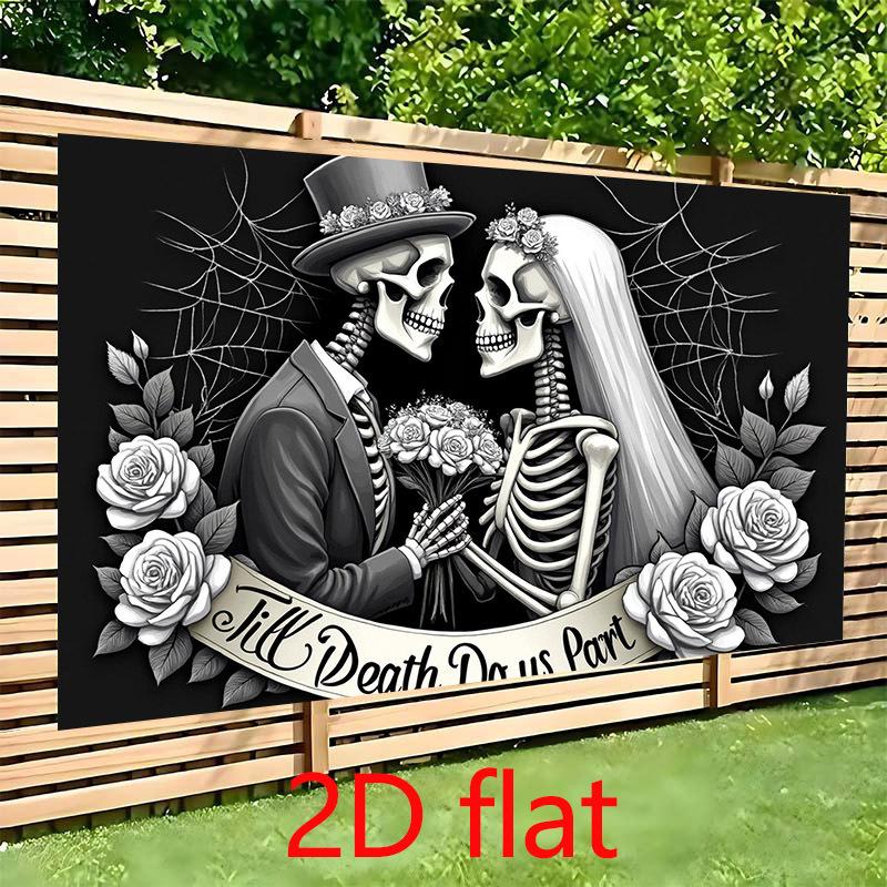 One Gothic wedding banner - Black and white skull bride and groom with rose and spider web patterns