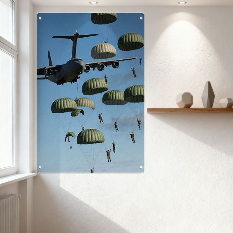 C-17 Globemaster III Военно-транспортный самолет Сброс с парашютом Металлическая жестяная вывеска - Винтажная металлическая табличка с изображением военной авиации для дома O