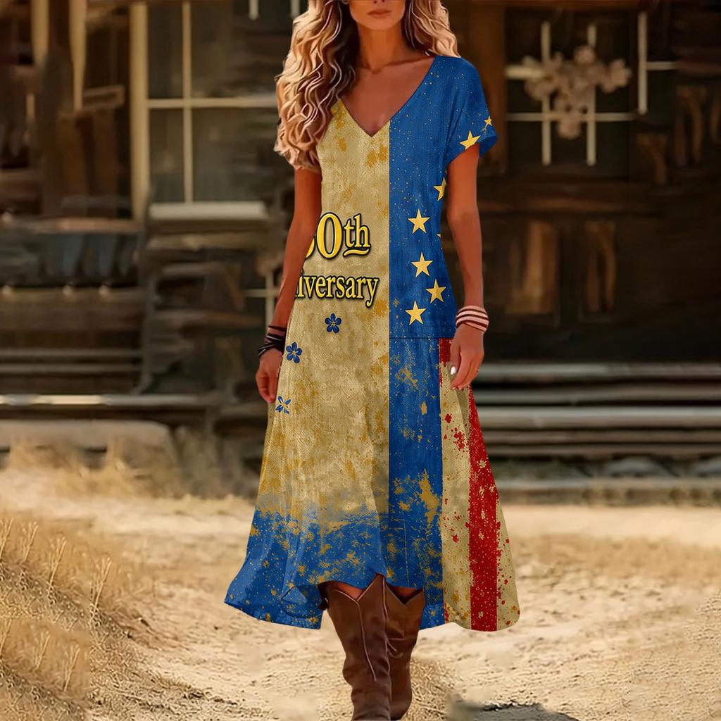 Women’s V Neck Short Sleeve Maxi Dress with 1776 America Print Gradient Hem and Floral Graphic Casual Loose Fit