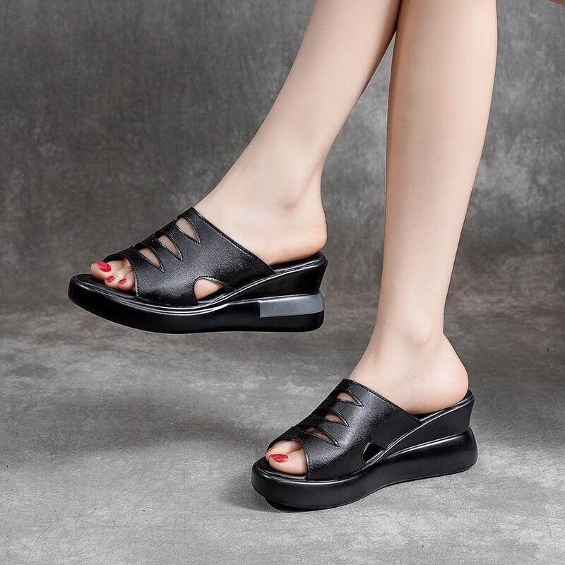 Женские босоножки на танкетке, новые летние женские туфли на высоком каблуке «рыбий рот», туфли из мягкой кожи на высокой платформе, сандалии