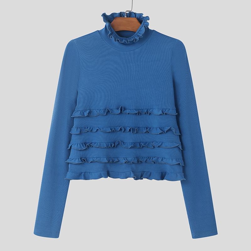 INCERUN Мужские топы с высоким воротом и длинным рукавом, облегающие, с оборками, короткие, майки