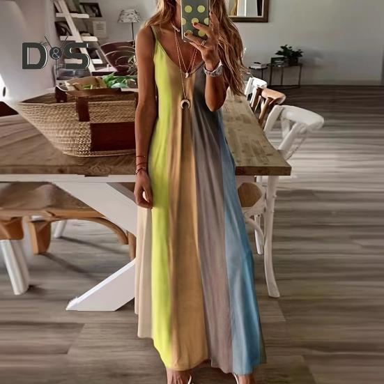 Женские бретельки-спагетти длинные платья с градиентом летнее повседневное струящееся макси-платье с V-образным вырезом свободный пляжный сарафан