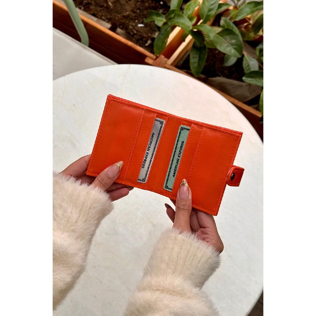 Orange Card Holder Detailed Faux Leather Wallet