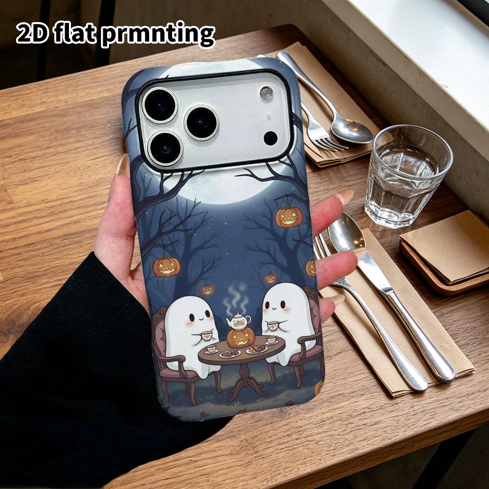 Phone Case: 2D flat design suitable for iPhone 18, 17, 16, 15, 14, 13 Pro film protection case, couple style, tea party under the moon, Christmas and