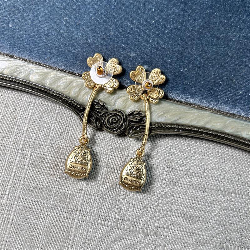 Серьги-подвески Osc Retro Gold с изогнутым крючком, в виде четырехлистного клевера и зеленого бриллианта-капли для женщин