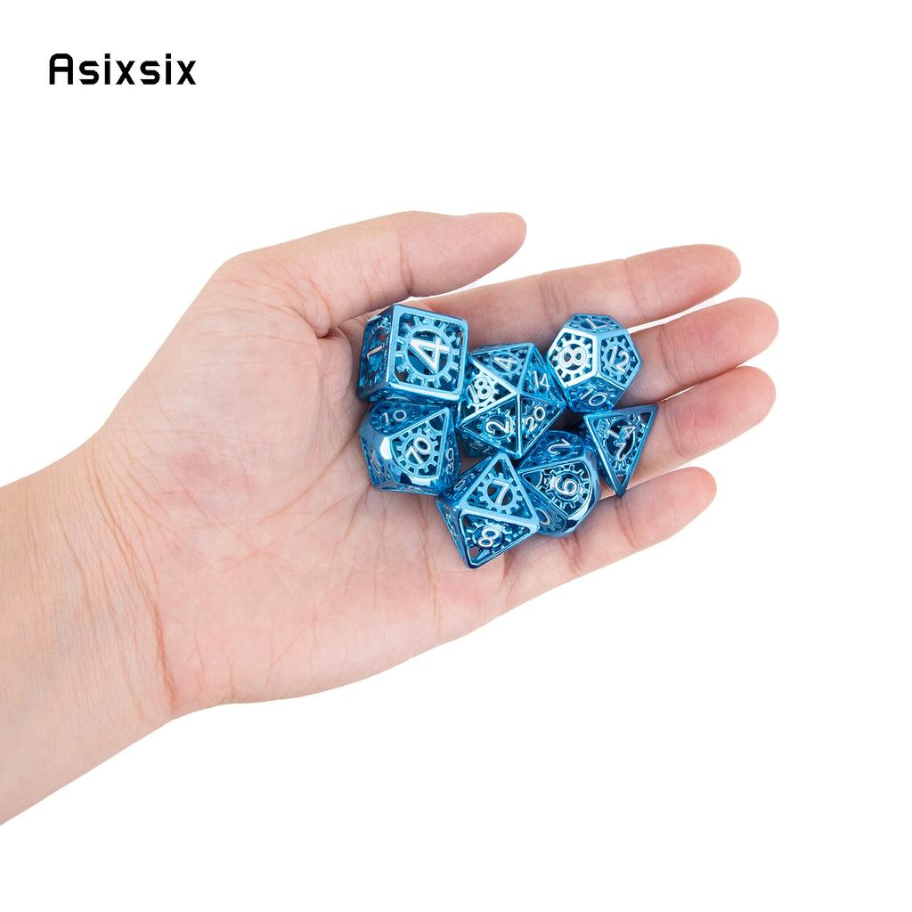 7 Pcs Blue White Gear Wheel Metal Dice Hollow Metal Polyhedral Dice Set Suitable for Role-Playing RPG Board Game Card Game