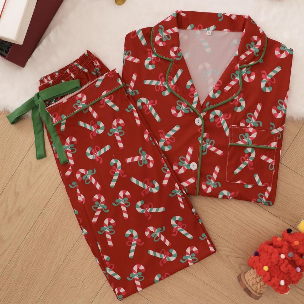 Женский пижамный комплект с рождественским принтом - С длинным рукавом, Длинные брюки, Отложной воротник, Стиль кардигана для всех сезонов