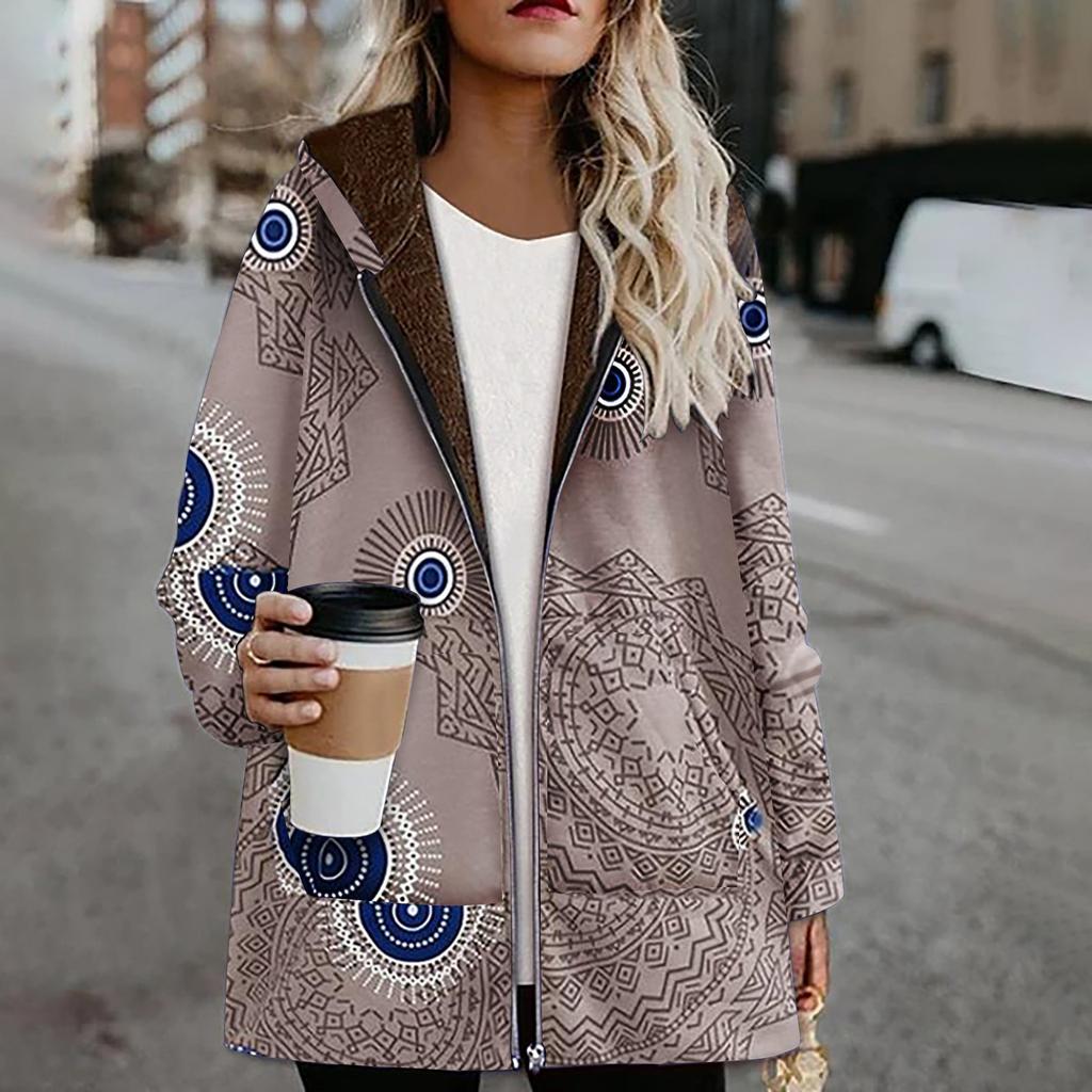 Женская повседневная верхняя одежда, зимнее теплое пальто с ретро-принтом и карманами на молнии с капюшоном, толстое пальто больших размеров