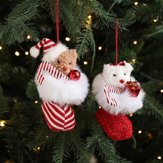 Plush Bear In Boot Christmas Ornaments Mini Stuffed Bear Hanging Ornaments Winter Fuzzy Shoes Christmas Tree Decor
