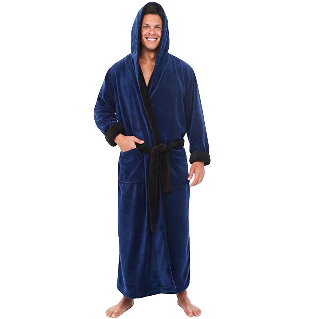 Men's Winter Lengthened Plush Shawl Bathrobe Home Clothes Long Sleeved Robe Coat