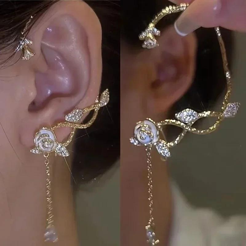 Изысканные серьги-клипсы в форме розы из легкой роскоши с хрустальными звездами и длинными кисточками