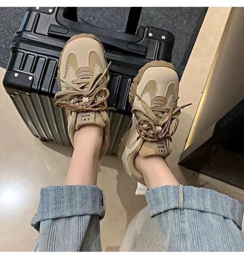 Fashion Women's Flat Sports Shoes Autumn New Round Head Splicing Front Lacing Soft Sole Anti-slip Wear-resistant Low-top Single Shoes