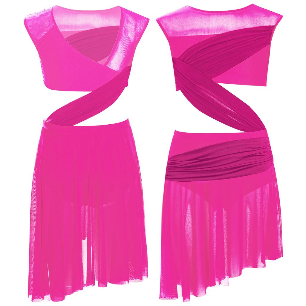 Платье для лирического танца для девочек, цельное, без рукавов, с прозрачной сетчатой вставкой, лоскутное, с асимметричным подолом, костюм для выступления