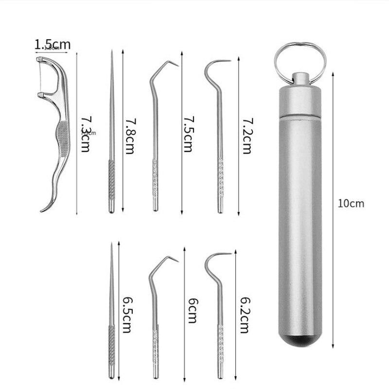 7 шт./лот, набор зубочисток из нержавеющей стали, зубная нить, многоразовые титановые зубочистки, портативная зубочистка, средство для чистки зубов, чистка полости рта