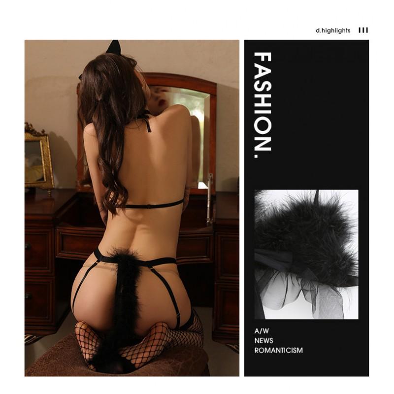 Sexy Cat Girl Lingerie Set 3-Piece Roleplay Costume With Feathers Bows Women