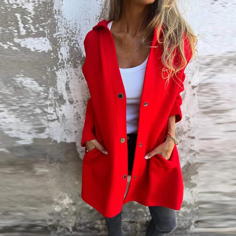 Autumn and Winter Women's Coat Solid Color Casual Single-breasted Hooded Jacket Commute Casual British Style Windbreaker